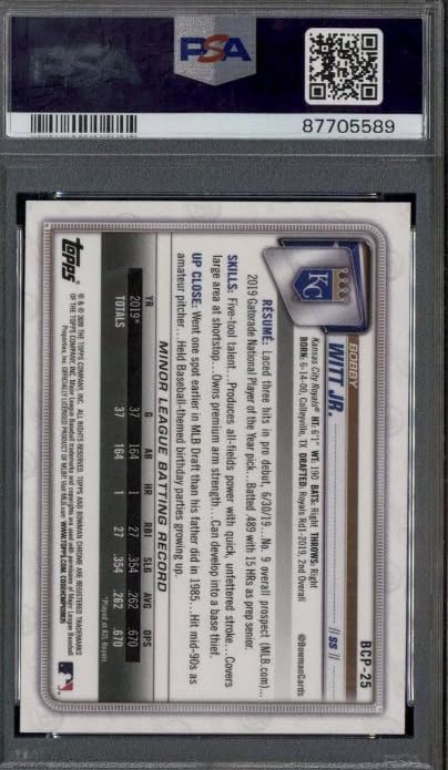 2020 Bowman Chrome Prospects Bobby Witt Jr. Refractor Rookie Card PSA 10 R91020