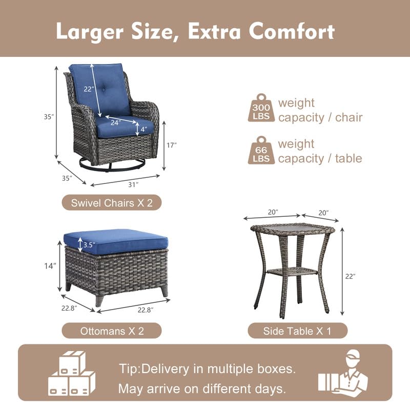 5 Pieces Outdoor Wicker Patio Furniture Set with Ottoman Blue M60659