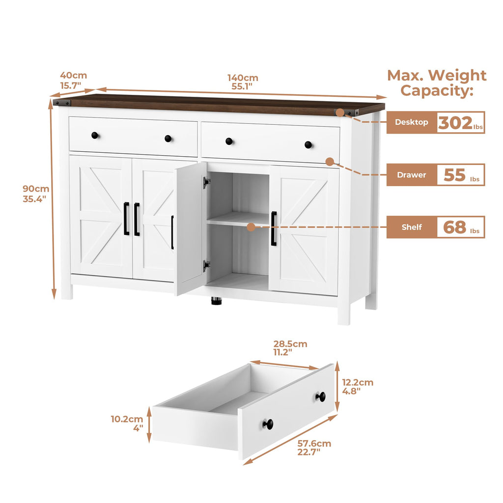 White Wood Buffet Cabinet with 2 Drawers and 4 Barn Doors C69663