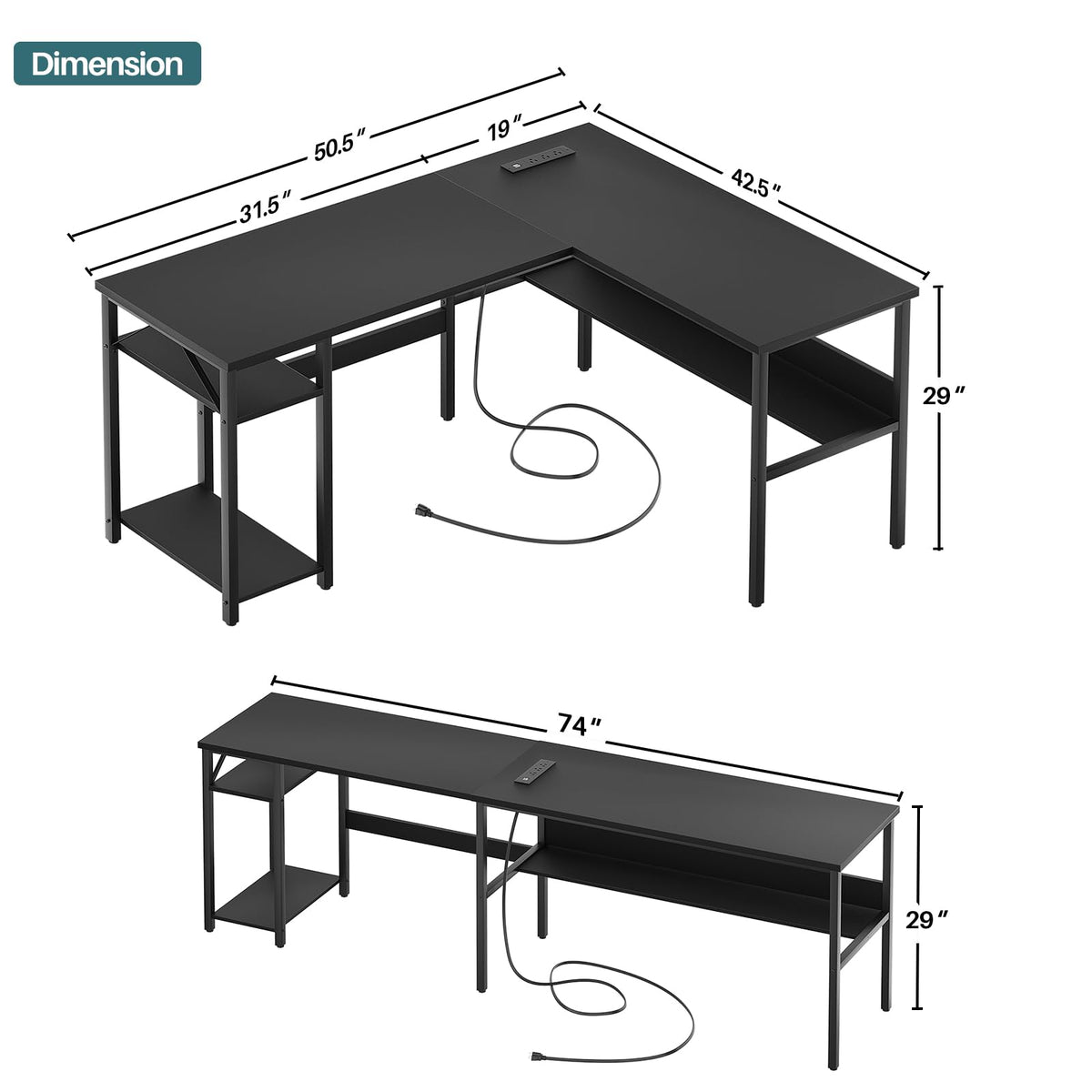 Black Reversible L Shaped Computer Desk with Power Outlets and Storage Shelves O755724