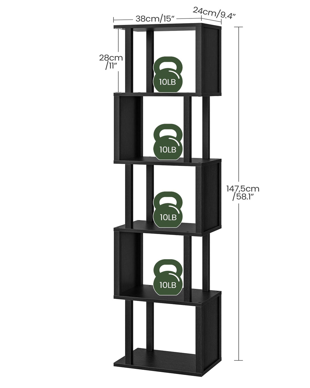Black 5-Tier Bookshelf with Anti-Tip Kit K456