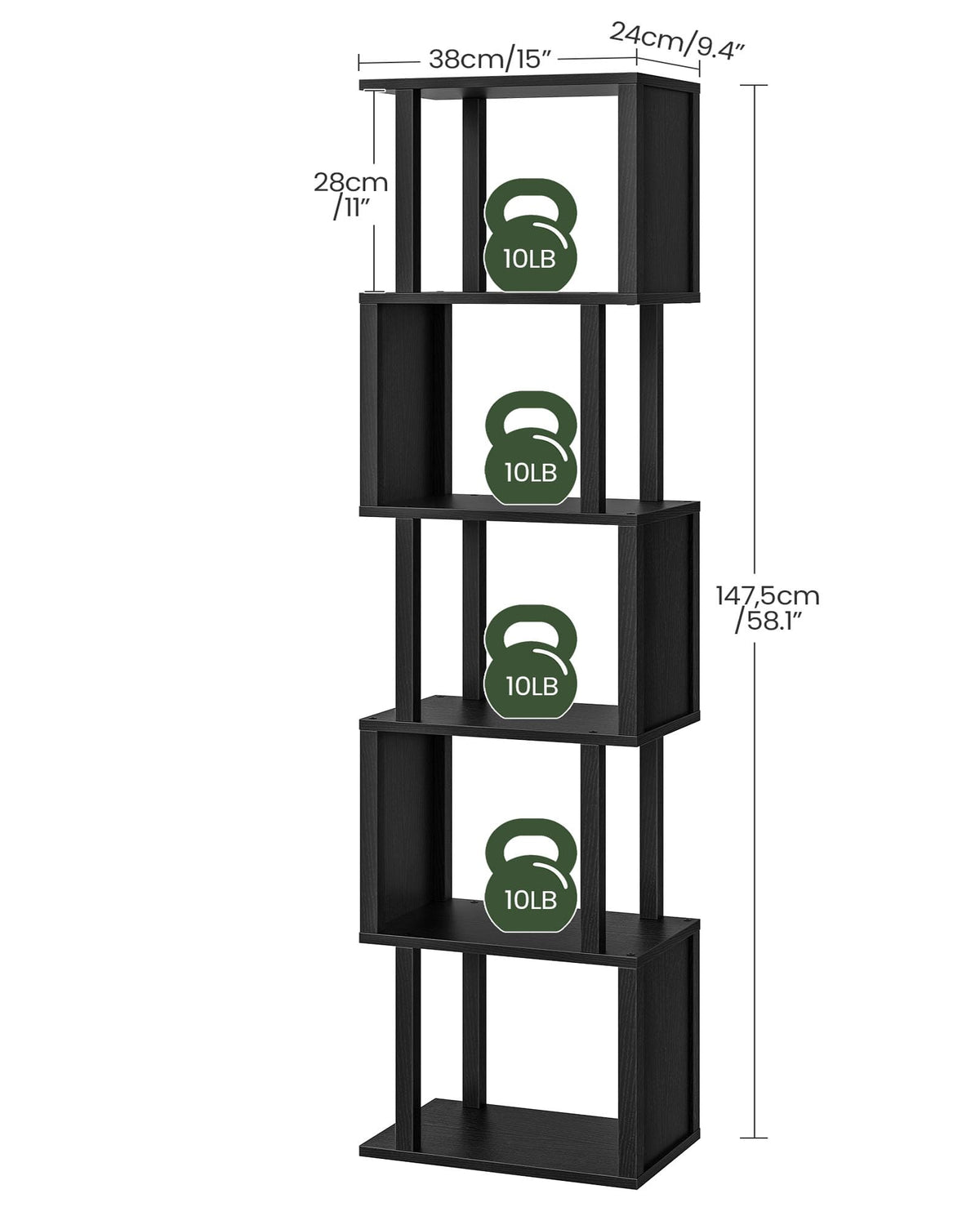 Black 5-Tier Bookshelf with Anti-Tip Kit K456