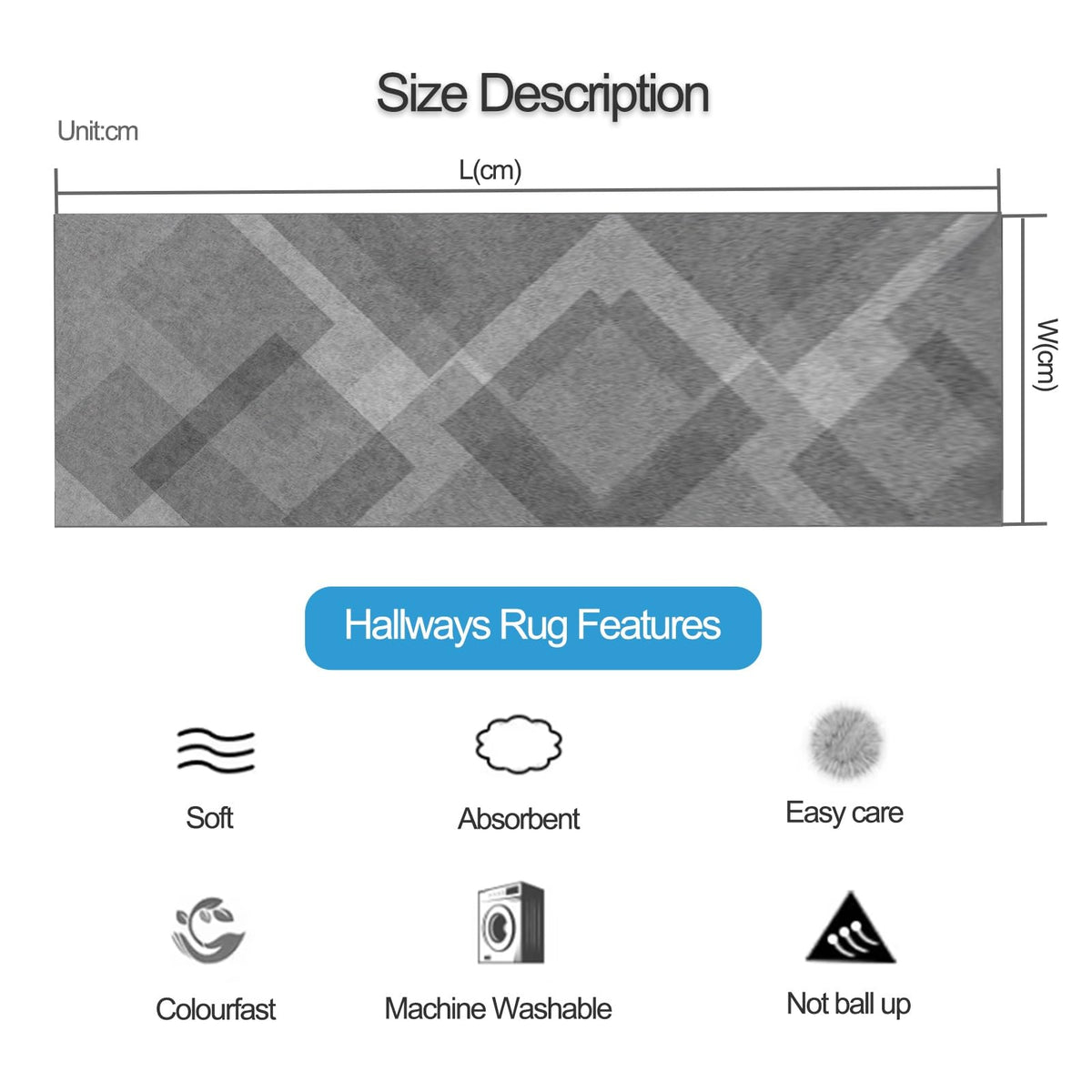 Non Slip Washable Low-Pile Runner Rug 60x300cm I2277