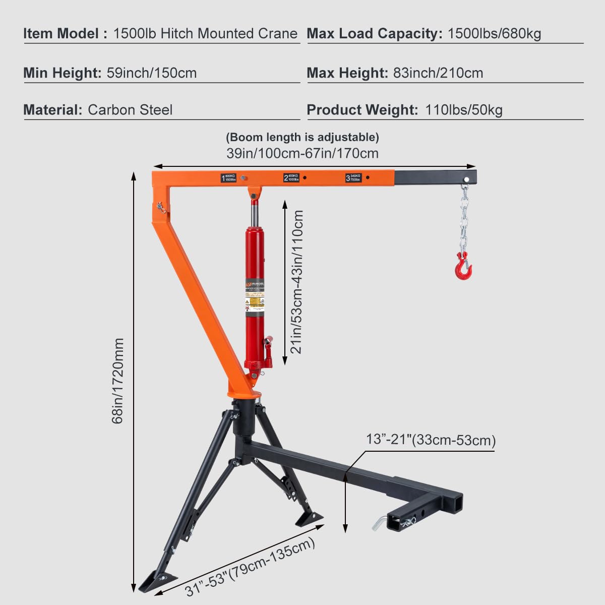 1500 lb Hydraulic Hitch Mounted Truck Crane U249