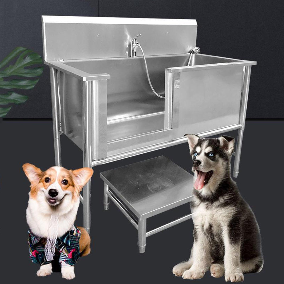 53'' Stainless Steel Pet Grooming Tub with Walk-in Stairs N60058