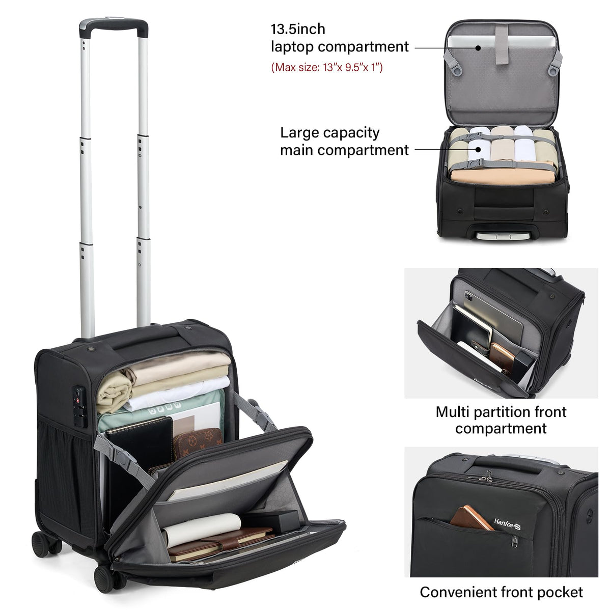 16 Inch Underseat Carry On Luggage with Wheels Dark Gray J8190