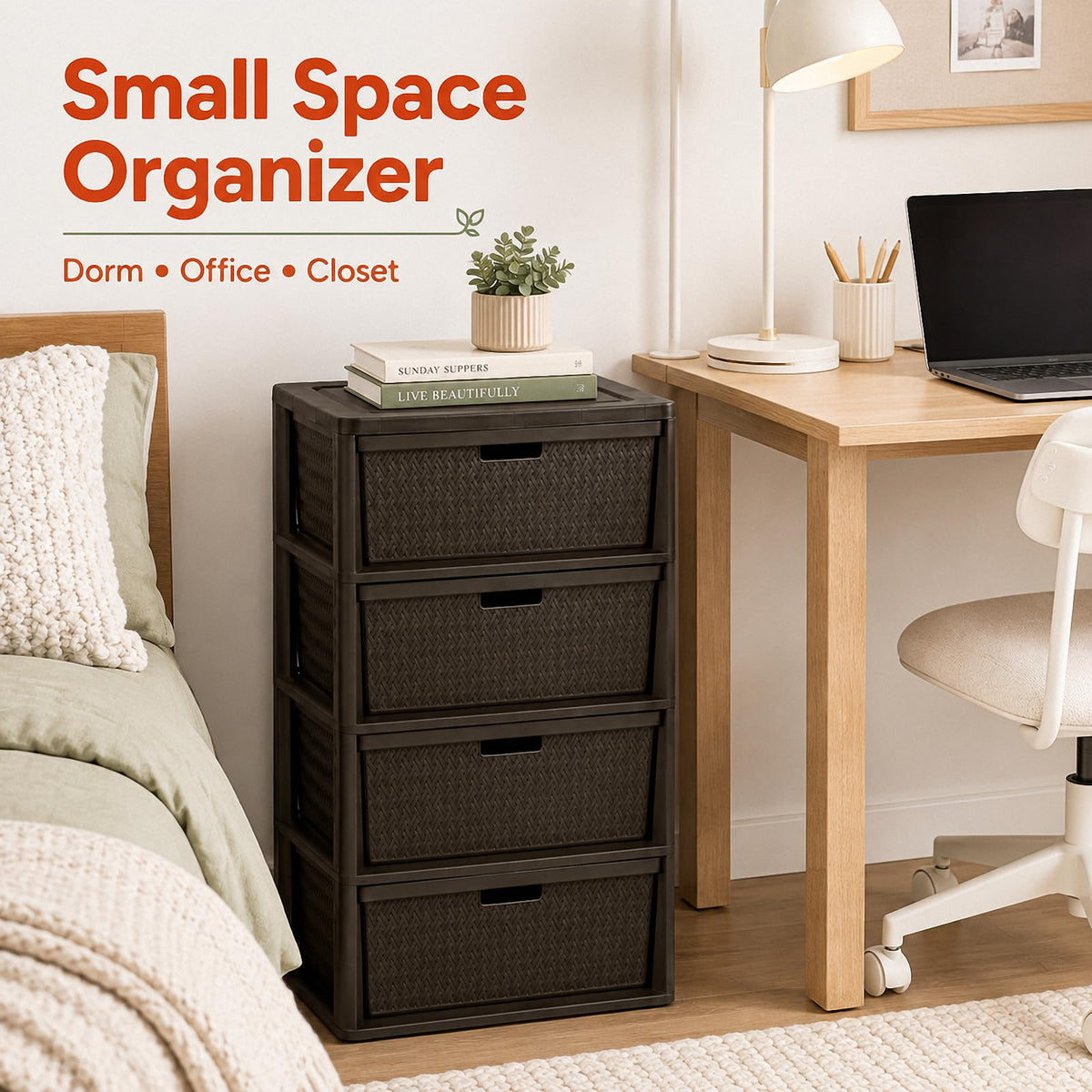Brown 4 Drawer Plastic Storage Tower H2218