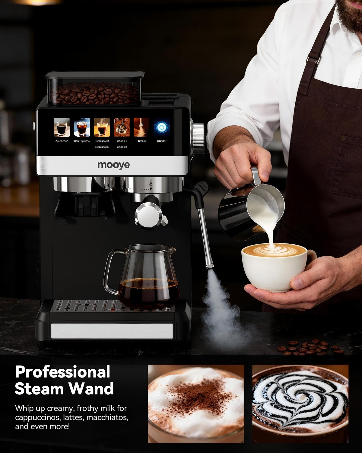 20Bar Compact Espresso Machine with Grinder and Steam Milk Frother W1585