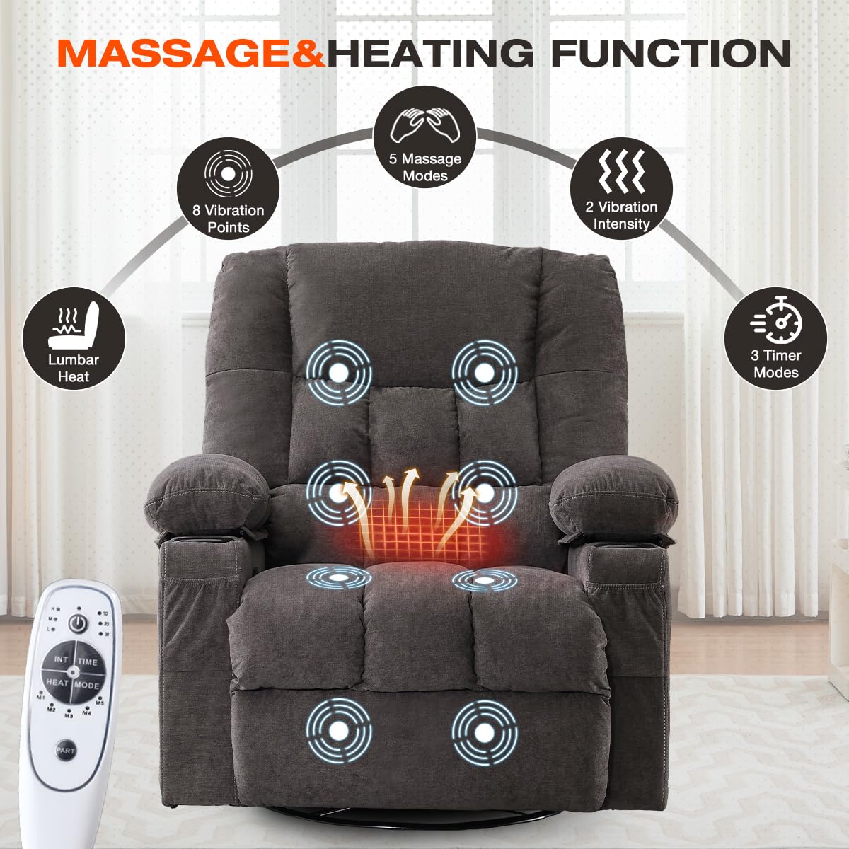 Oversized Swivel Rocker Recliner with Massage and Heat K38931