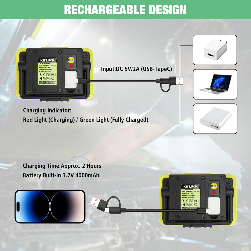 LED Work Light, Rechargeable, 700 LM Magnetic Portable Flood Light with Adjustable Stand, IP54 Waterproof, 3 Lighting Modes with Emergency SOS, 1Pack A9070