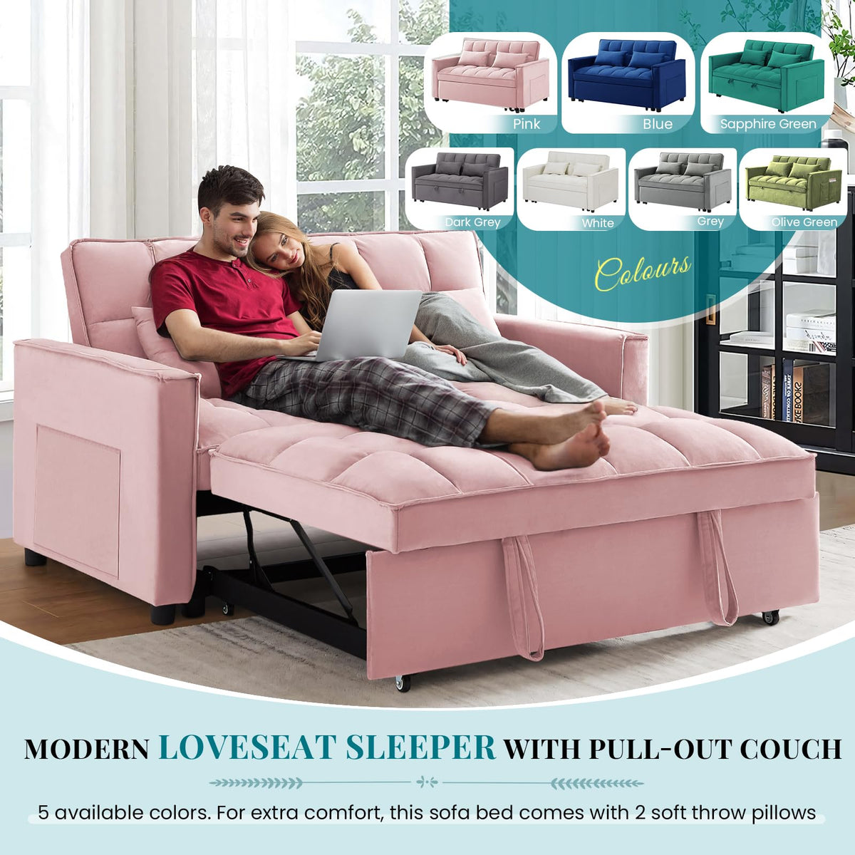 Pink Velvet Convertible Sleeper Sofa Bed U343907