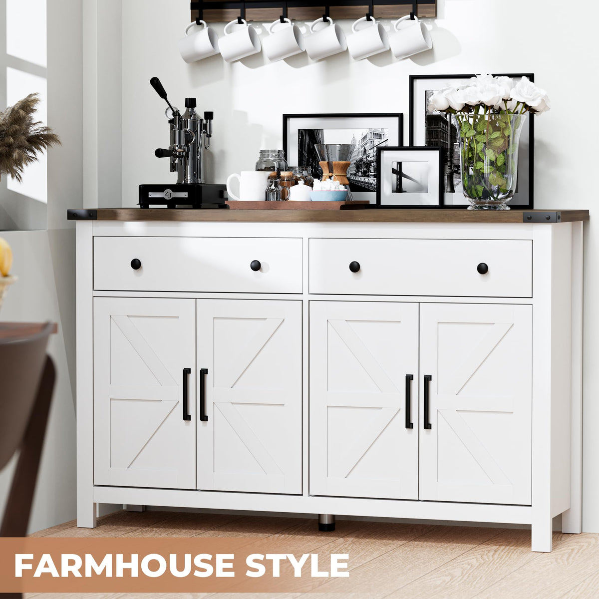 White Wood Buffet Cabinet with 2 Drawers and 4 Barn Doors C69663