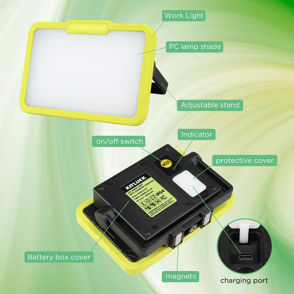 LED Work Light, Rechargeable, 700 LM Magnetic Portable Flood Light with Adjustable Stand, IP54 Waterproof, 3 Lighting Modes with Emergency SOS, 1Pack A9070
