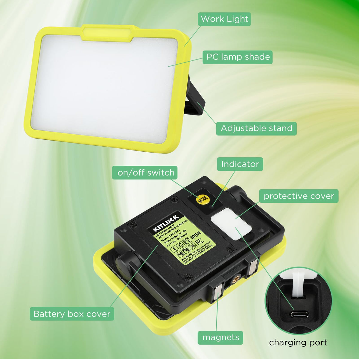LED Work Light, Rechargeable, 700 LM Magnetic Portable Flood Light with Adjustable Stand, IP54 Waterproof, 3 Lighting Modes with Emergency SOS, 1Pack A9070