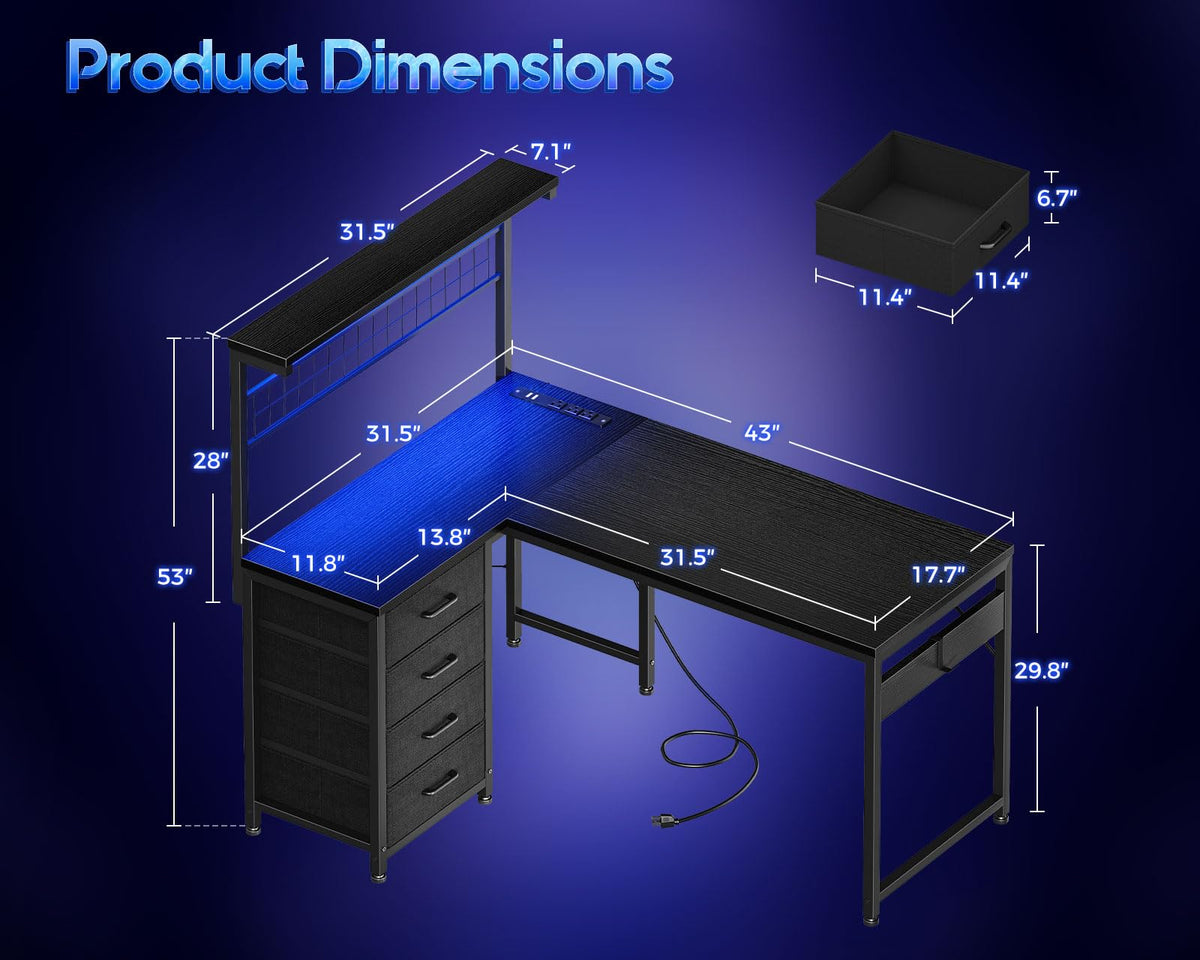 43" L Shaped Gaming Desk with Shelf & 4 Drawers P940721