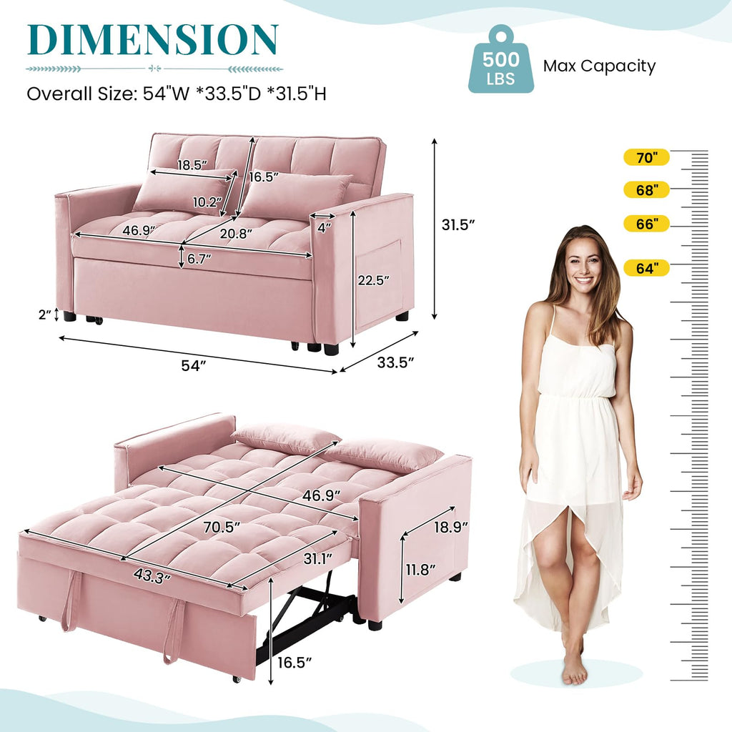 Pink Velvet Convertible Sleeper Sofa Bed U343907