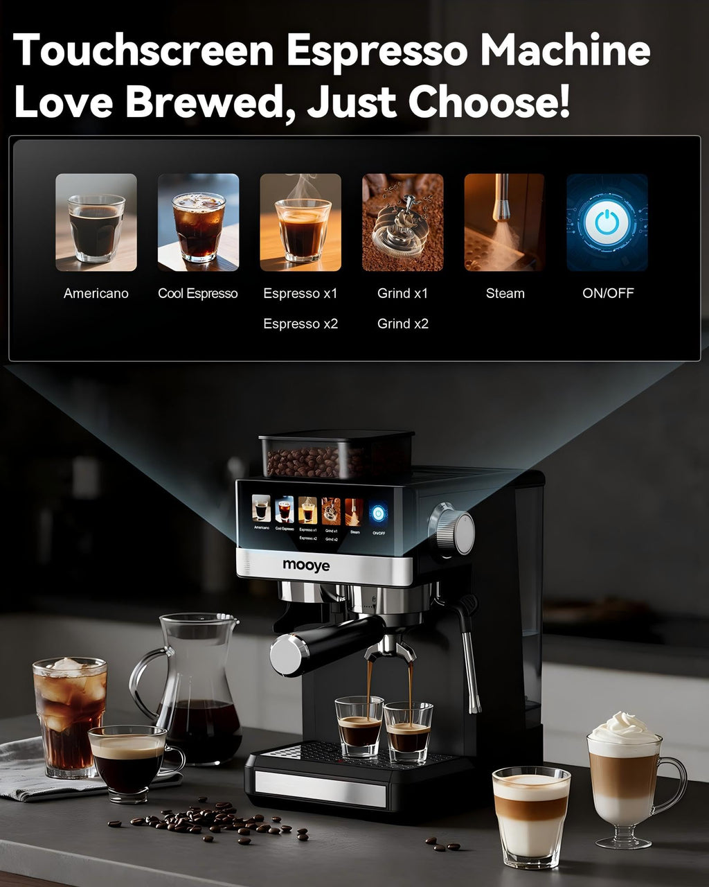 20Bar Compact Espresso Machine with Grinder and Steam Milk Frother W1585