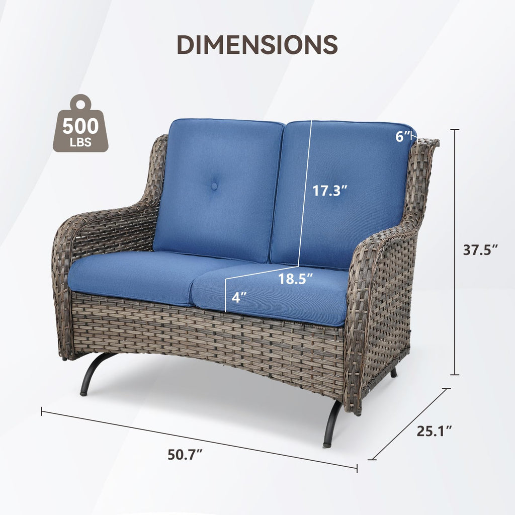 Grey Wicker Rattan Loveseat Glider with Blue Cushions F1941