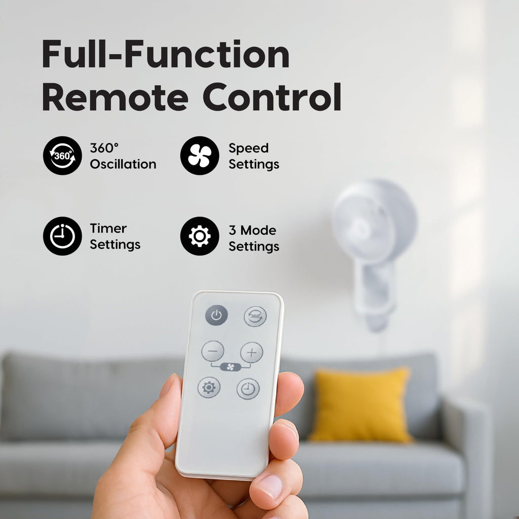 Wall Mount Fan with Remote, 360° Oscillation, 3 Speeds, White A5144