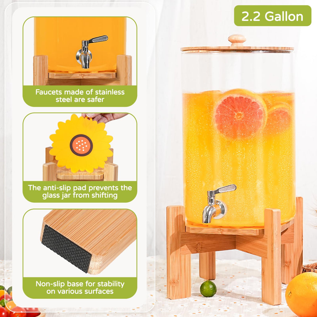 2.2 Gallon Glass Beverage Dispenser with Wood Stand and Stainless Steel Spigot B965