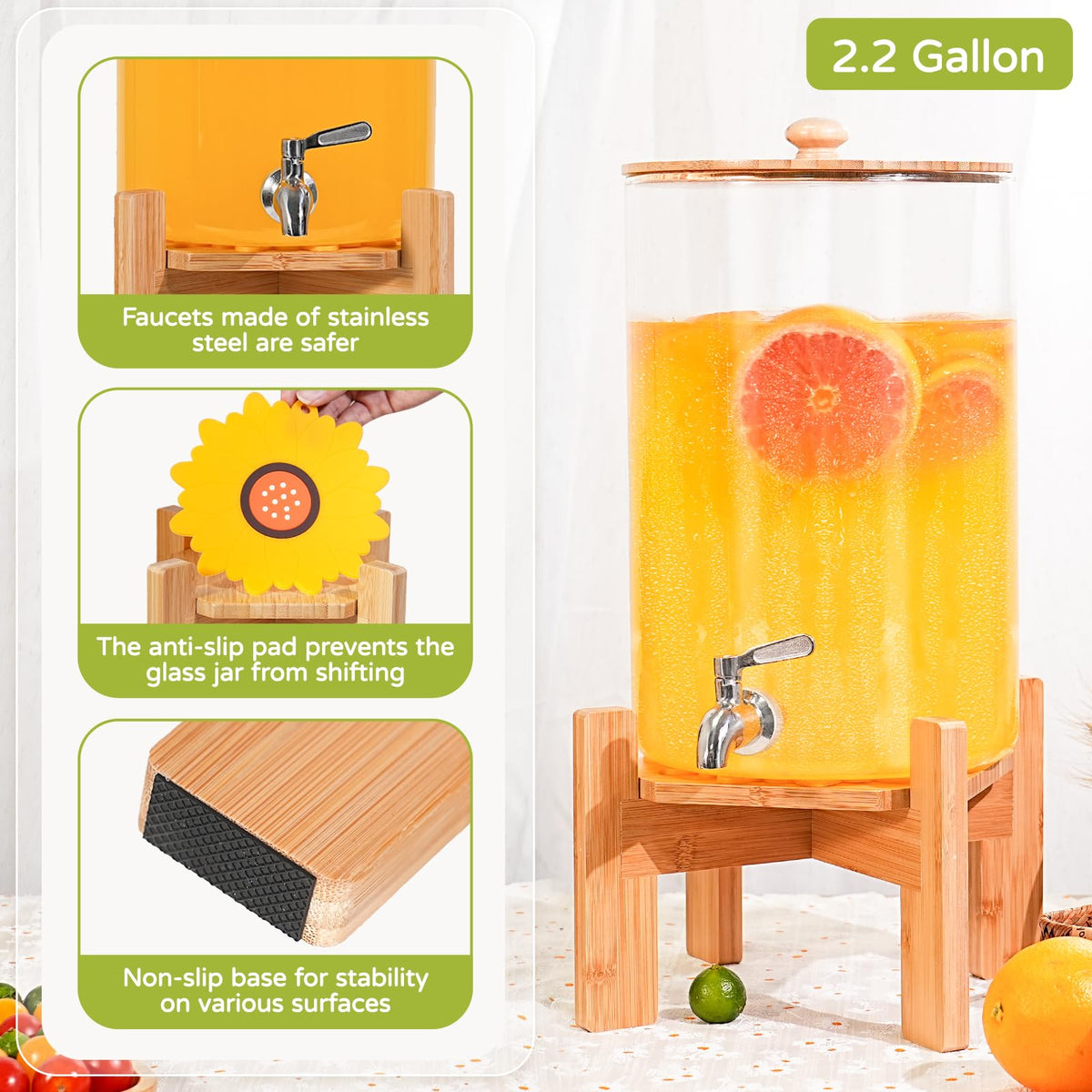 2.2 Gallon Glass Beverage Dispenser with Wood Stand and Stainless Steel Spigot B965