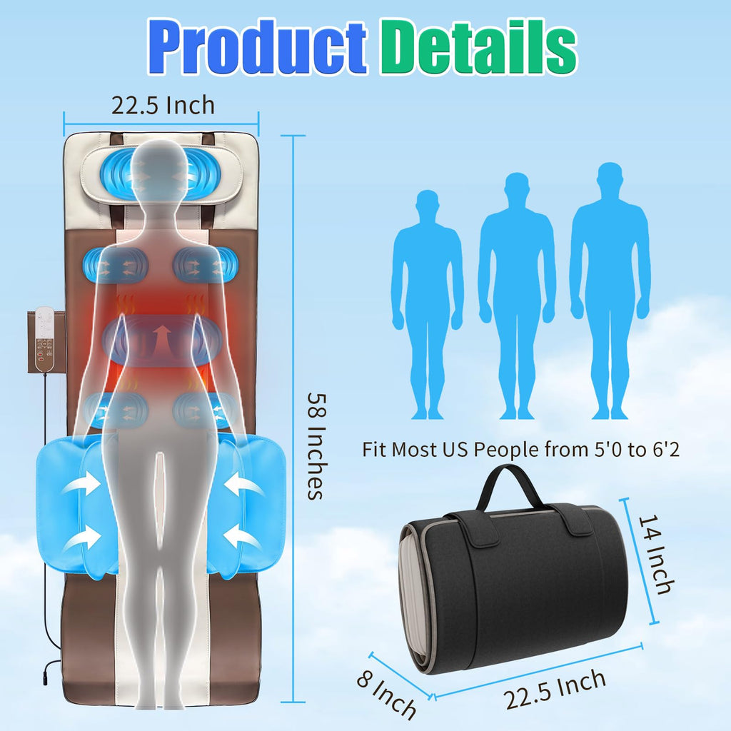Full Body Massage Mat with Airbags Stretching & Heating, 3D Lumbar Traction, 4 Modes 3 Intensities 3 Heat Levels, PU Leather, Portable & Foldable W339