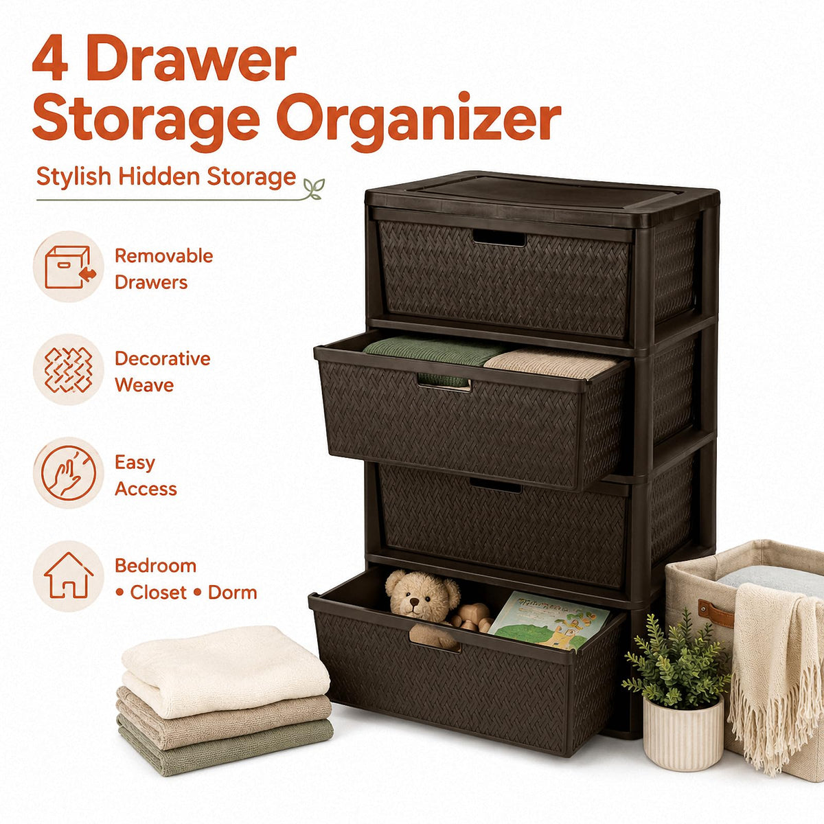Brown 4 Drawer Plastic Storage Tower H2218