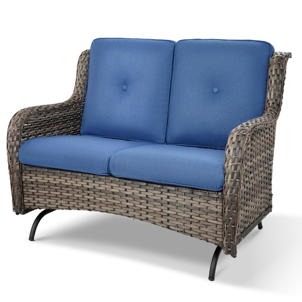 Grey Wicker Rattan Loveseat Glider with Blue Cushions F1941