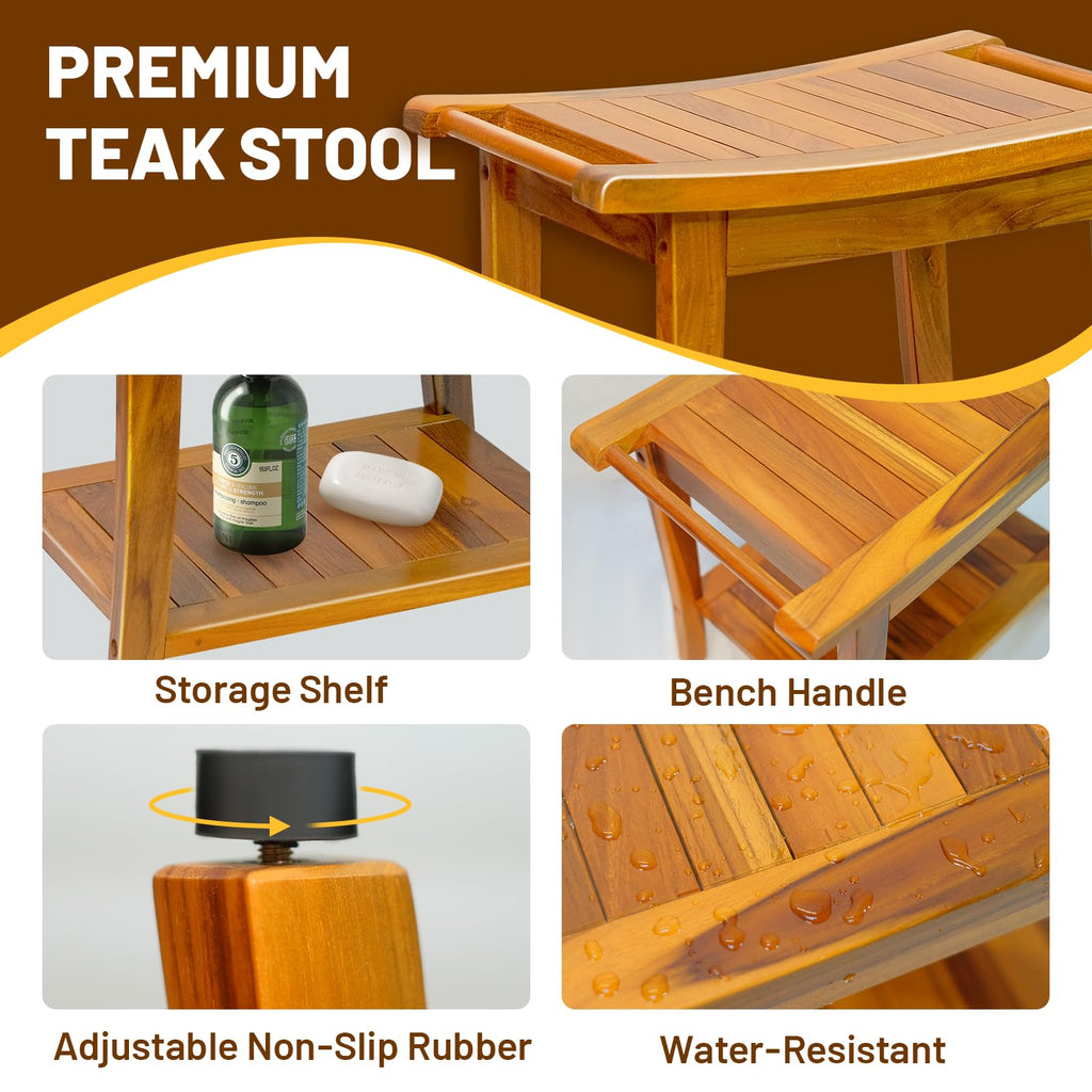 20" Teak Shower Bench with Shelf & Handle L406