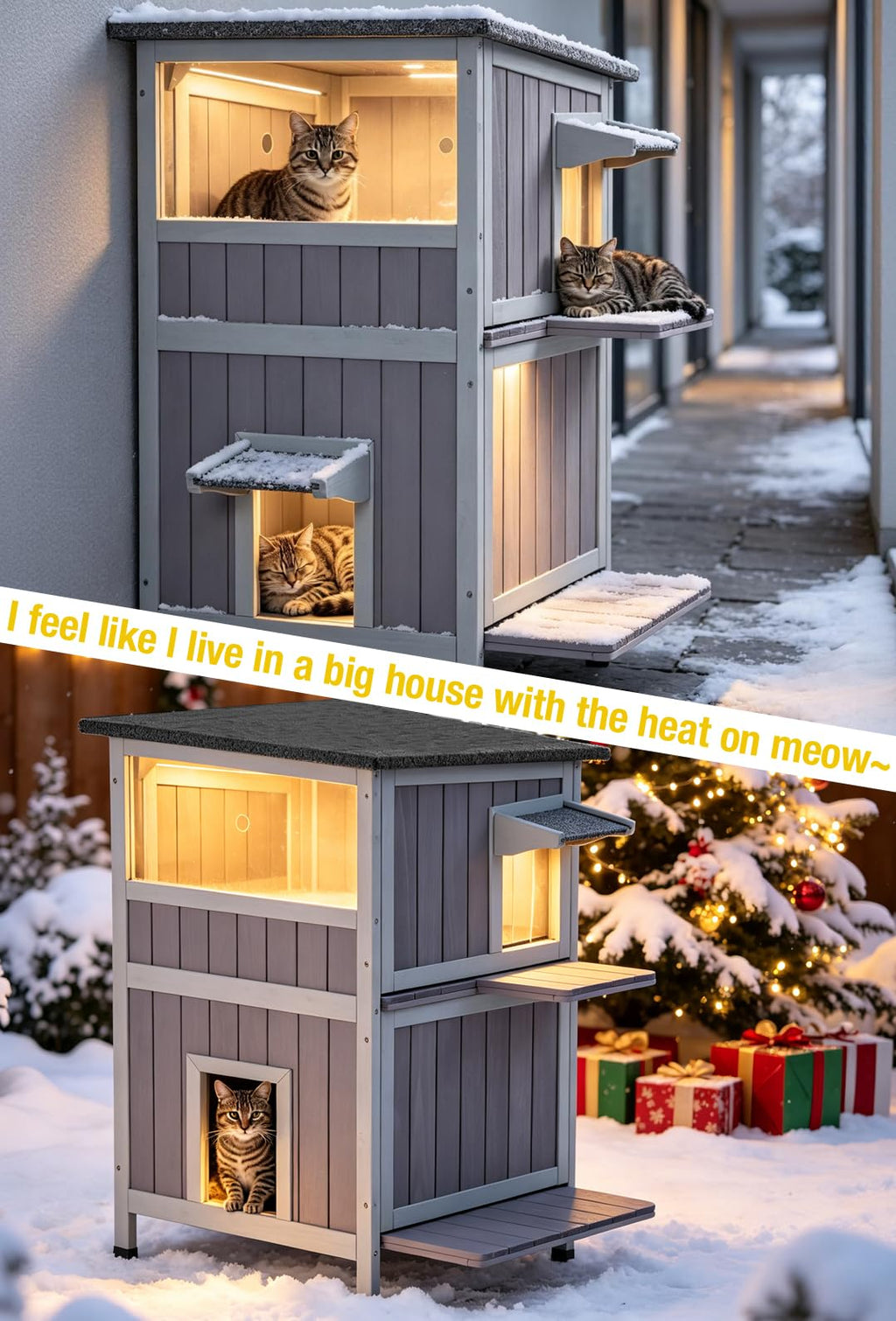 Heated 2-Story Solid Wood Cat House T3360