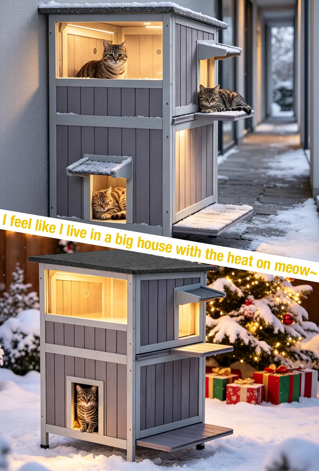 Heated 2-Story Solid Wood Cat House T3360