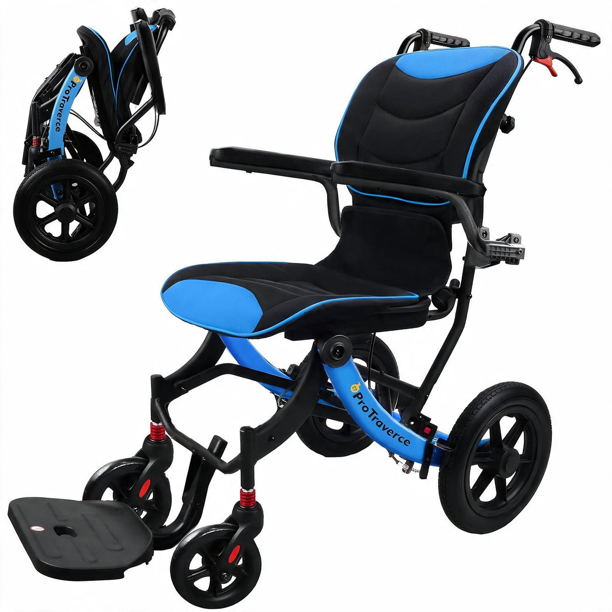 Lightweight Foldable Transport Wheelchair with Telescopic Handle, 16-Inch Seat, Blue W10767