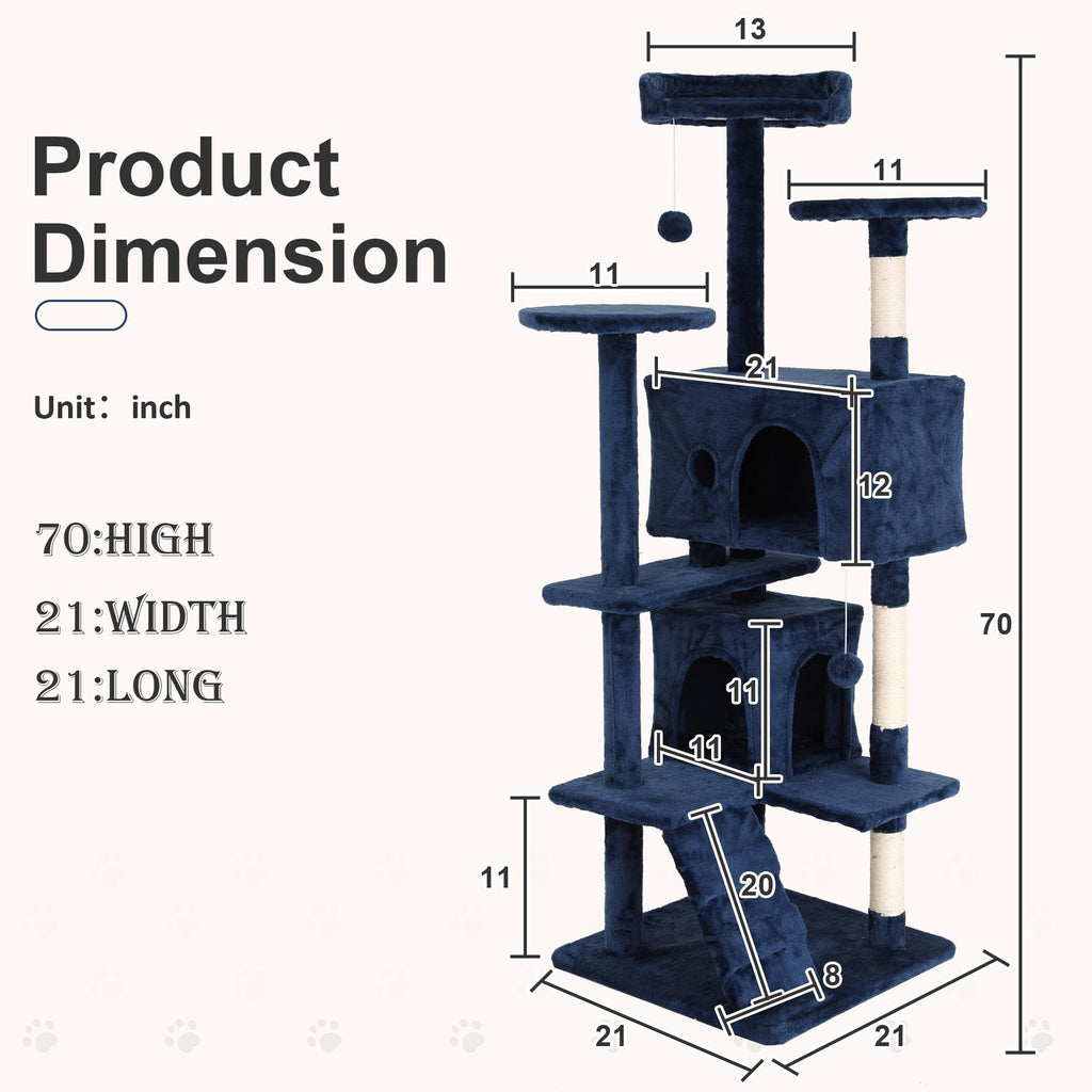 70 Inch Navy Blue Multi-Level Cat Tree with Scratching Posts D7662