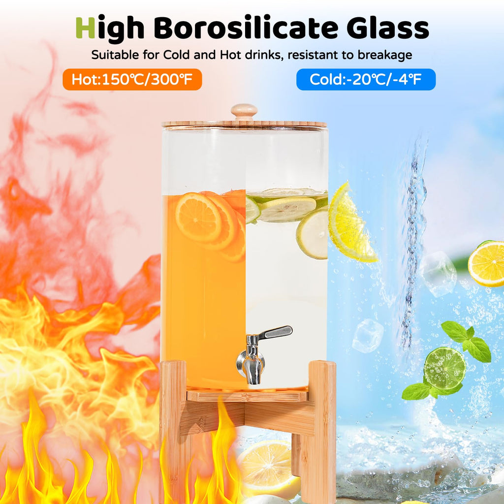 2.2 Gallon Glass Beverage Dispenser with Wood Stand and Stainless Steel Spigot B965