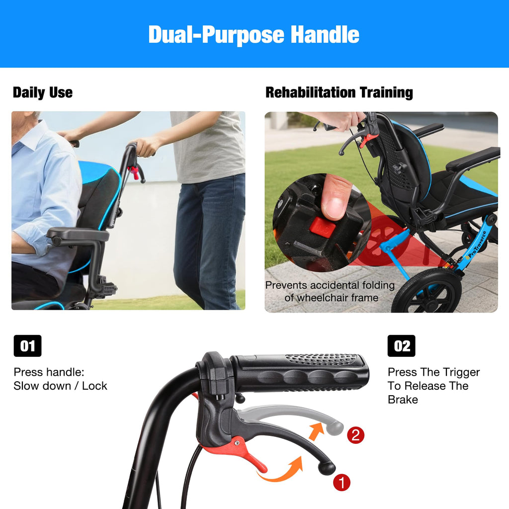 Lightweight Foldable Transport Wheelchair with Telescopic Handle, 16-Inch Seat, Blue W10767