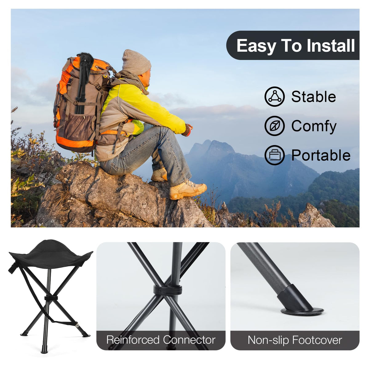 18" Black 3 Legs Folding Tripod Stool K457