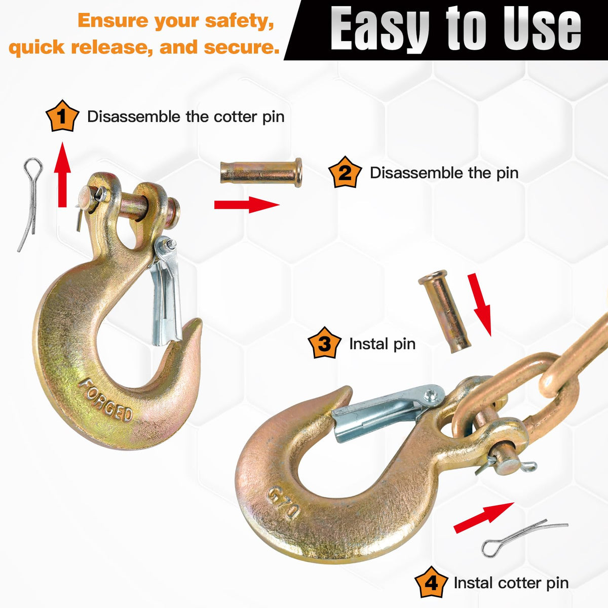 2 Pack 3/8" G70 Clevis Slip Hooks with Safety Latch M3018