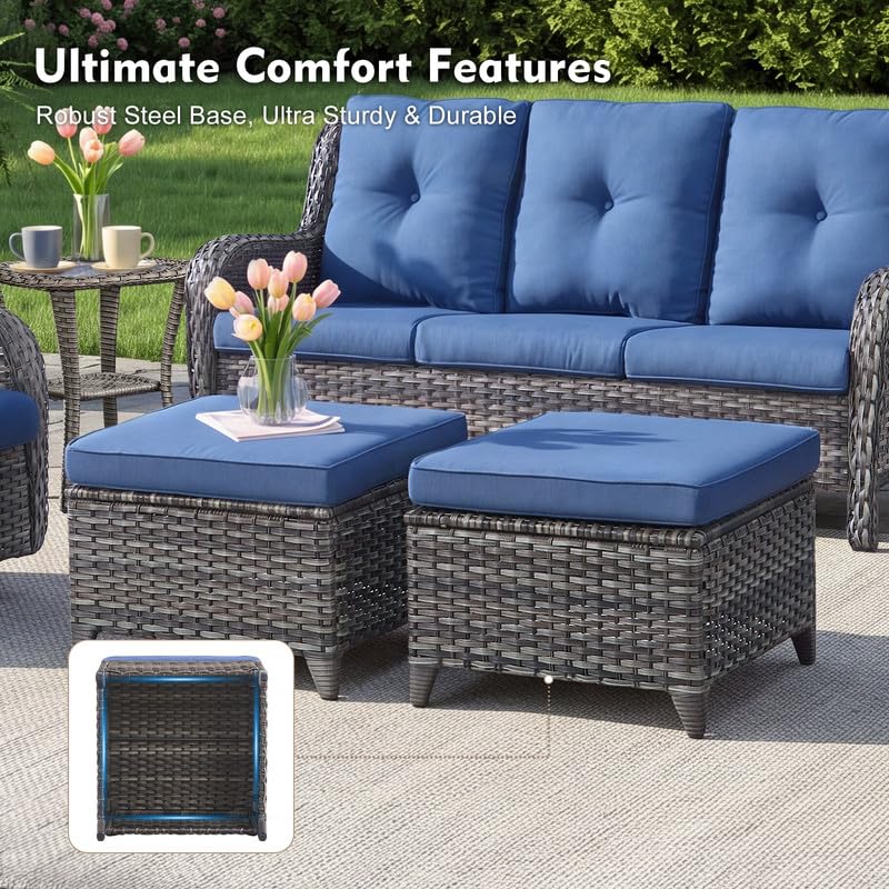 5 Pieces Outdoor Wicker Patio Furniture Set with Ottoman Blue M60659