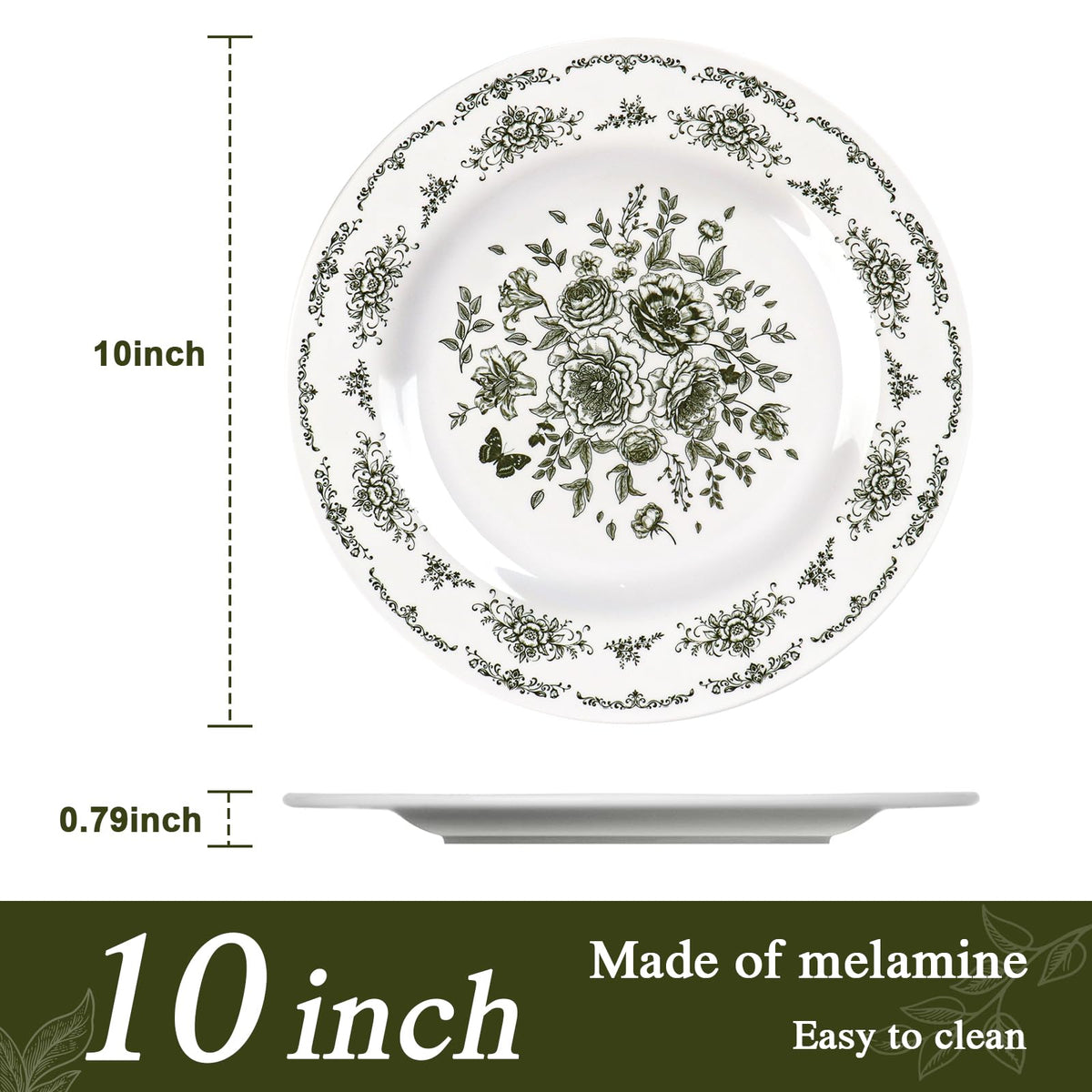 12 Piece 10 inch Green and White Floral Melamine Dinner Plates D30796