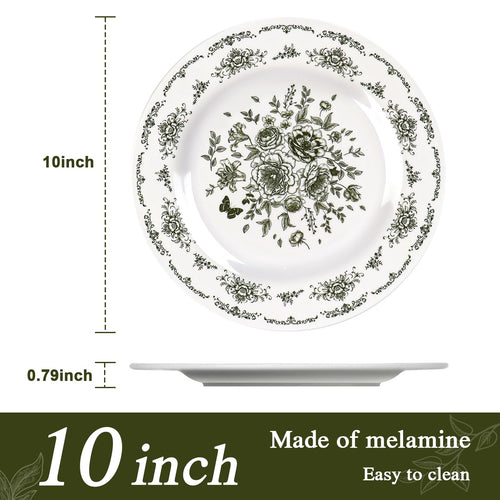 12 Piece 10 inch Green and White Floral Melamine Dinner Plates D30796