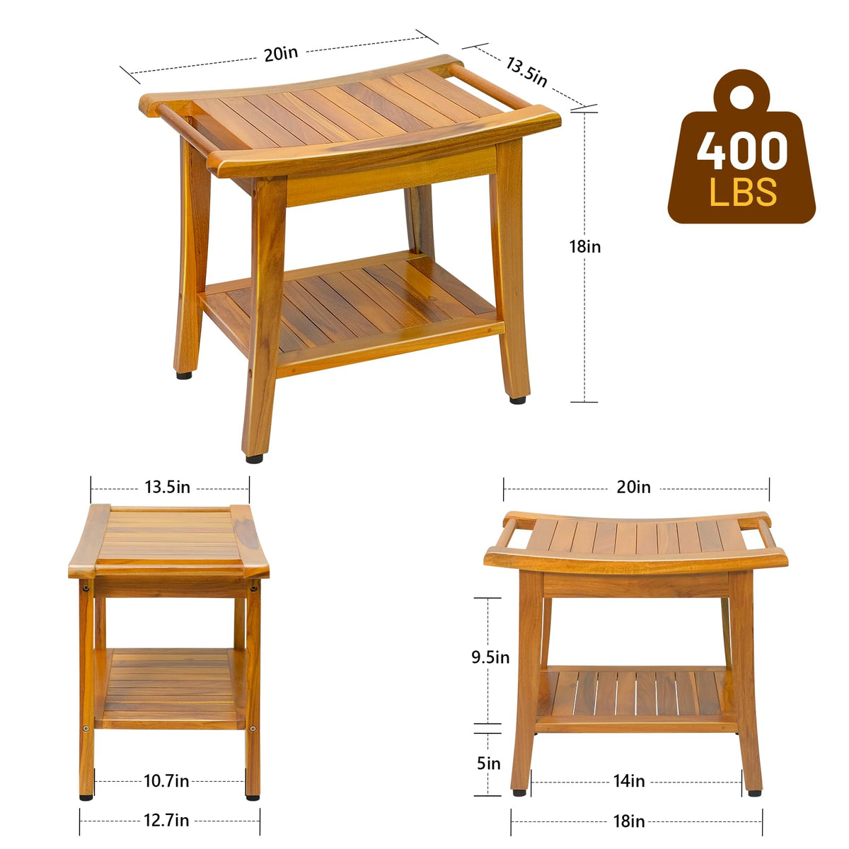 20" Teak Shower Bench with Shelf & Handle L406