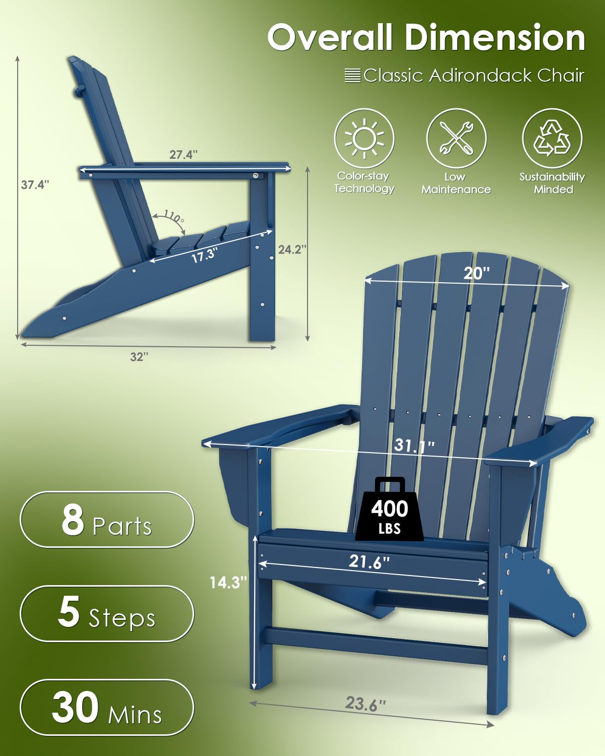Oversized Adirondack Chairs Set of 2 HDPE All Weather Blue E61770