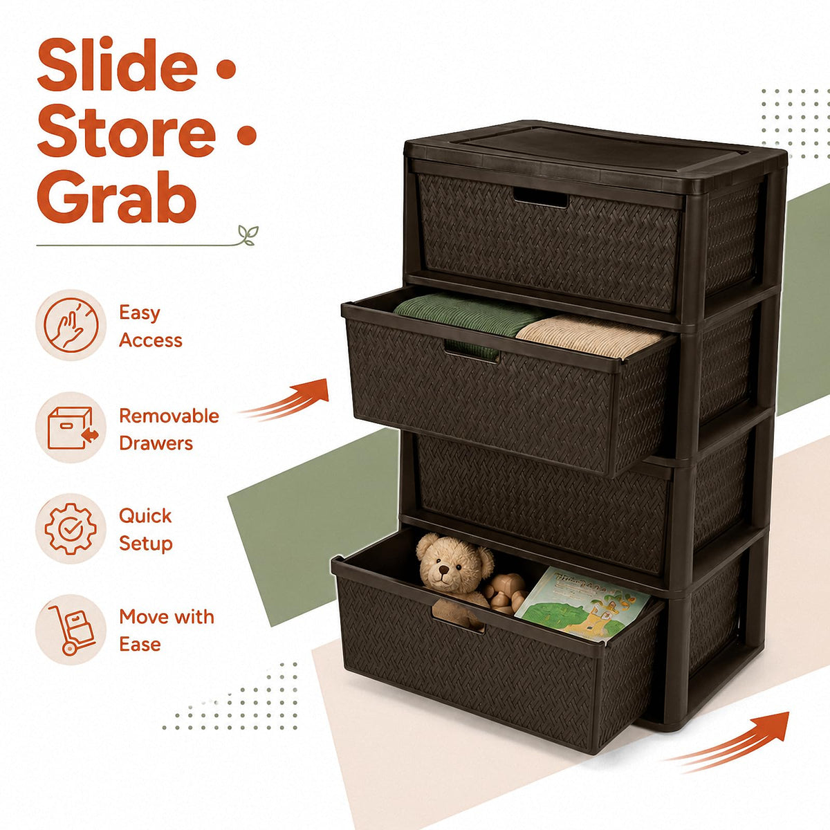 Brown 4 Drawer Plastic Storage Tower H2218