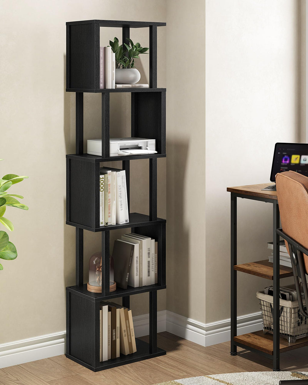 Black 5-Tier Bookshelf with Anti-Tip Kit K456