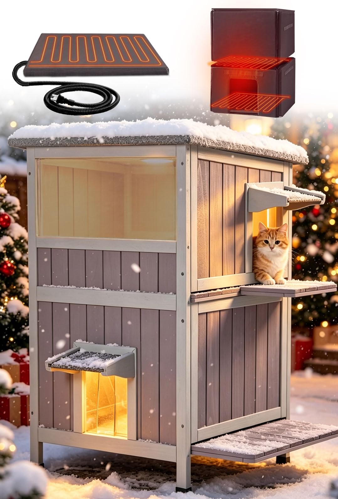 Heated 2-Story Solid Wood Cat House T3360