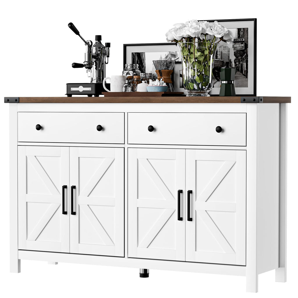 White Wood Buffet Cabinet with 2 Drawers and 4 Barn Doors C69663