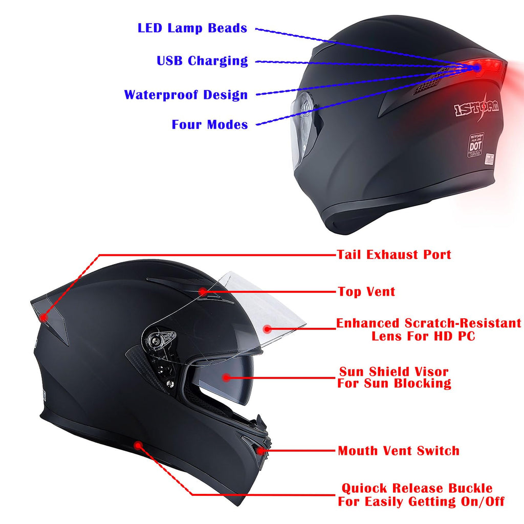 Full Face Motorcycle Helmet with LED Tail Light Matt Black V3705