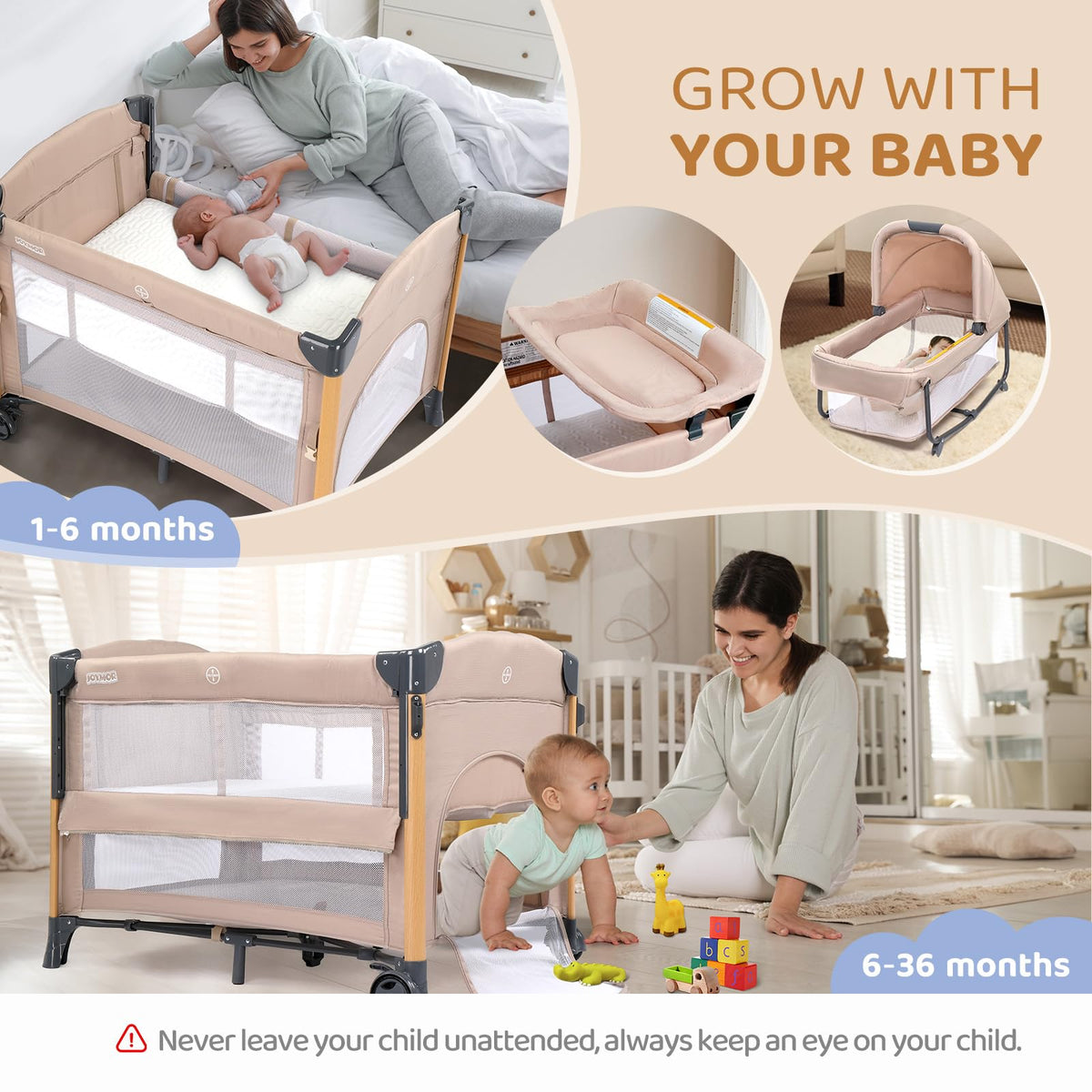7 in 1 Bedside Bassinet with Changing Table, Storage Shelf, Mattress F626