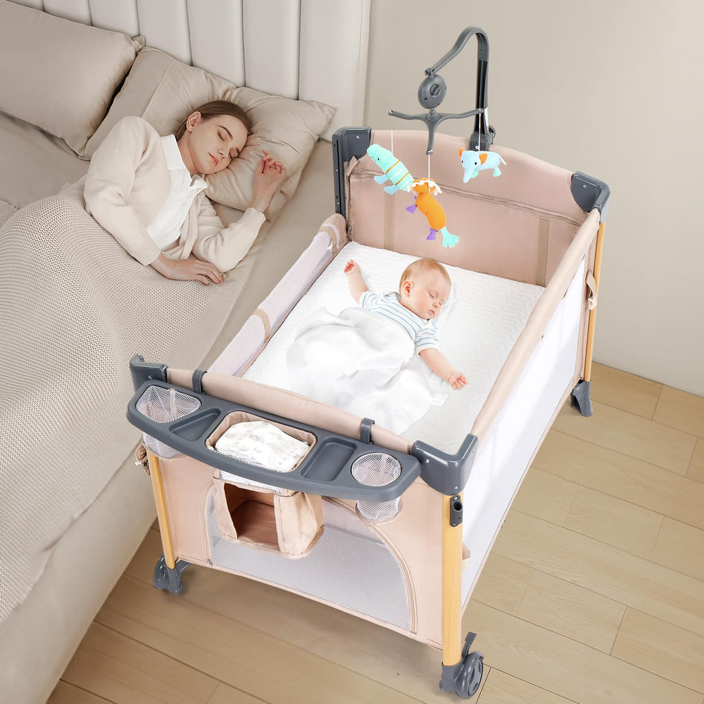 7 in 1 Bedside Bassinet with Changing Table, Storage Shelf, Mattress F626