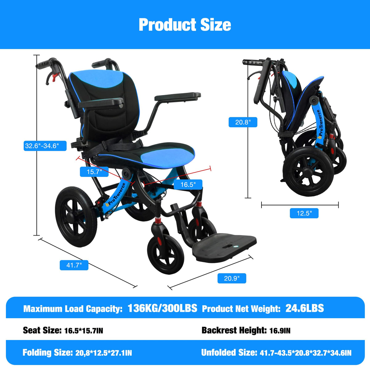 Lightweight Foldable Transport Wheelchair with Telescopic Handle, 16-Inch Seat, Blue W10767